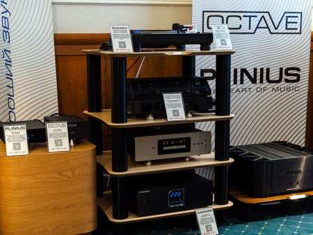 Moscow, Russia - May 23, 2021: audio equipment from Technics, Charisma audio, octave, powergrip, plinius at the HI-FI and HI-END Showのeditorial素材