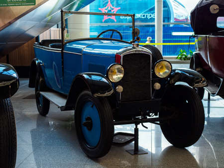 MOSCOW, RUSSIA - MAY 26, 2021: Blue antique Peugeout 172 R at the car show at Domodedovo airport