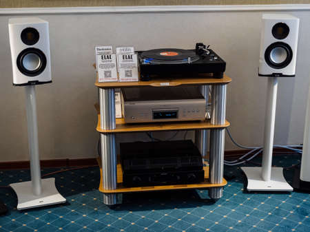Moscow, Russia - May 23, 2021: Audio equipment of the brands Octave, Technics, ELAC, Ortofon, Denon on the Cold Ray counter in the hotel room at the HI-FI & HI-END Showのeditorial素材