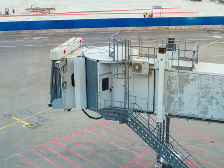 Moscow, Russia - May 26, 2021: Telescopic gangway for connecting the aircraft with the airport...