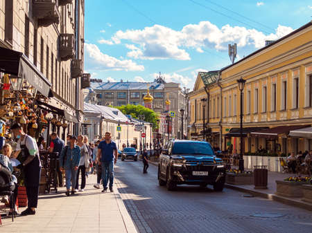 Moscow, Russia - May 24, 2021: view of Zabelina street and the Church of All Saints on Kulishki