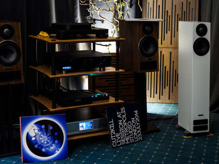 MOSCOW, RUSSIA - MAY 23, 2021: PMC audio system and vinyl turntable in the dark room of the Borodino hotel at the Hi-Fi and High End showのeditorial素材