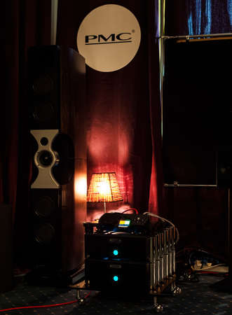 Moscow, Russia - May 23, 2021: Audio equipment of PMC and CHORD firms in the dark room of the Borodino hotel at the Hi-Fi and High End showのeditorial素材