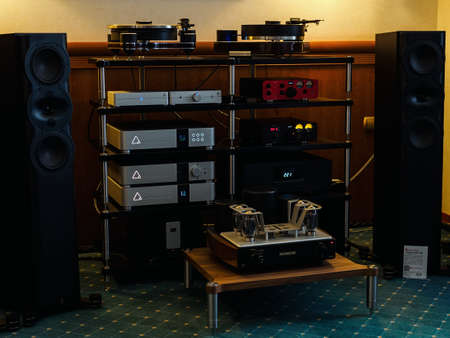 Moscow, Russia - May 23, 2021: audio equipment from MastersounD, Merging + Power, SPL, Perlisten at the international exhibition Hi-Fi and High End Show in the Borodino hotel roomのeditorial素材