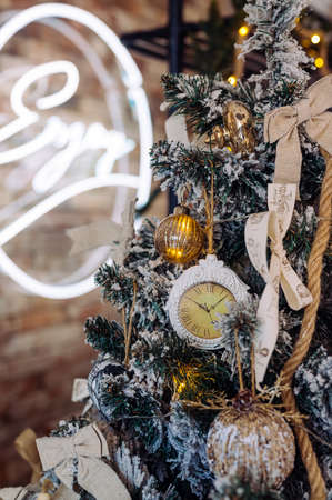 beautiful craft decorations on christmas tree close upの写真素材