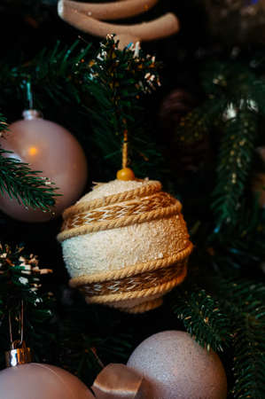handmade ball on christmas tree close upの写真素材