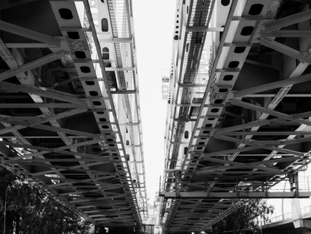 under two railway bridges - bw photoの写真素材