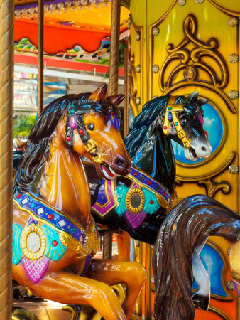 red and black horse - carousel in the parkの写真素材