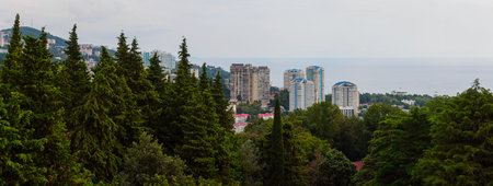 Sochi, Russia - August 10, 2022: View of Sochi from the upper station of the Dendraria cable car - panoramaのeditorial素材