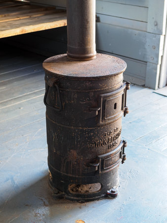 Rostov-on-Don, Russia - August 31, 2022: An old potbelly stove in an old locomotive carriageのeditorial素材