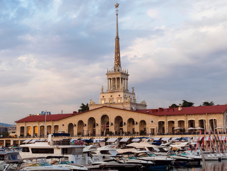 Sochi, Russia - August 23, 2022: View of the seaport building at sunsetのeditorial素材
