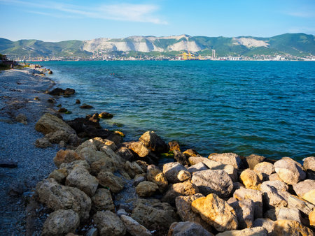Coastline of the Tsemesskaya Bay of the Black Sea in Novorossiysk, Russiaの写真素材
