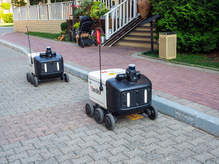 Krasnaya Polyana, Sochi, Russia - August 6, 2023: Yandex delivery robots on the streets of the cityのeditorial素材