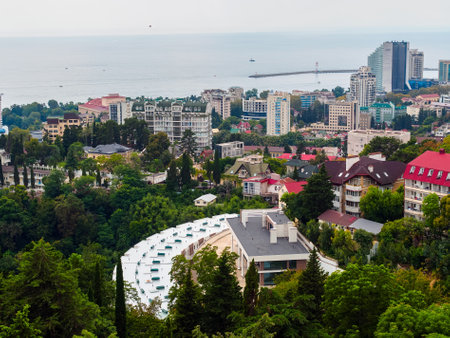 Sochi, Russia - August 23, 2022: View of the city and the sea from the observation deck of the Sochi Arboretum in summerのeditorial素材