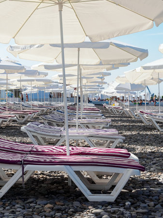 many sun loungers with striped mattresses and white beach umbrellas on a rocky beachの写真素材