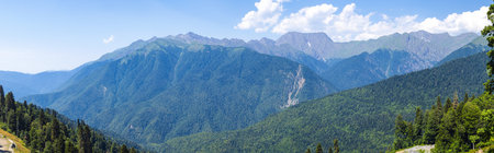view of the Caucasus Mountains in summer on sunny clear day - panoramaの写真素材