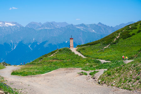 Hiking trail and mountain view in summer in Aibga, Krasnaya Polyana, Sochi, Russiaの写真素材