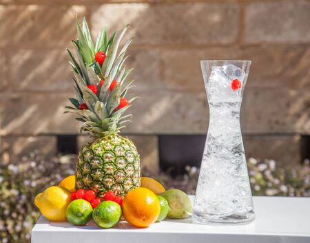 cocktail in ingrediants on tableの写真素材