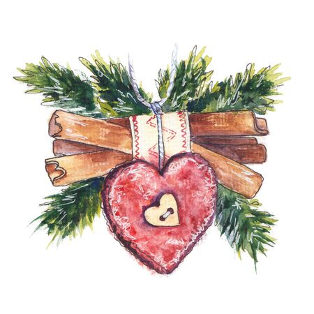 Christmas handmade decoration with cinnamon sticks, felt heart and fir twig. Original watercolor illustration.の写真素材