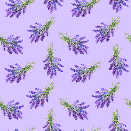 Seamless pattern with bouquets of lavender branches. Watercolor painting.の写真素材