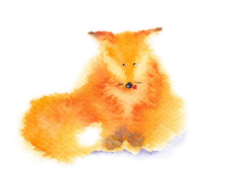 Little funny red fox. Watercolor illustration isolated on white. Original hand drawn painting.の写真素材