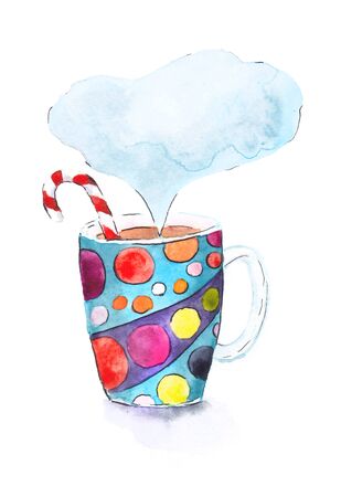 A big multicolored mug of coffee with Christmas red and white candy. Hand drawn watercolor illustration isolated on white.の写真素材