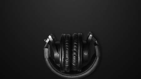 Black background with a musical. Music headphonesの写真素材