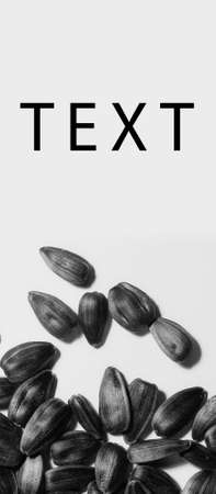 Close-up of black sunflower seeds. White background. on the table. For text, business cards, banners.の写真素材