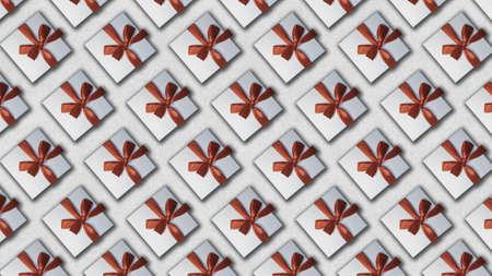 Background with gifts. White gift boxes with red ribbons on a gray background.