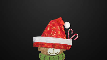 Festive background. Bear in the red hat of Santa Claus on a black background.の写真素材