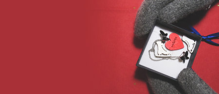 The girl in winter gloves opened the gift. Category: New Year, Valentine's Day, March 8th, Birthday.の写真素材