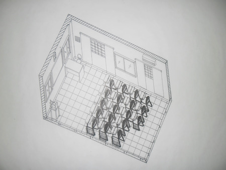3D isometric view of a classroom with drafting tablesの写真素材