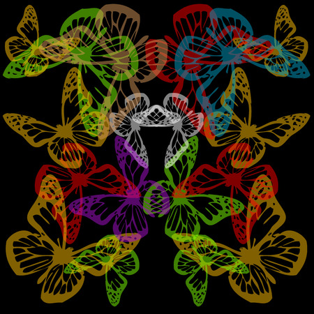 Multiple colorful butterflies background on blackのイラスト素材