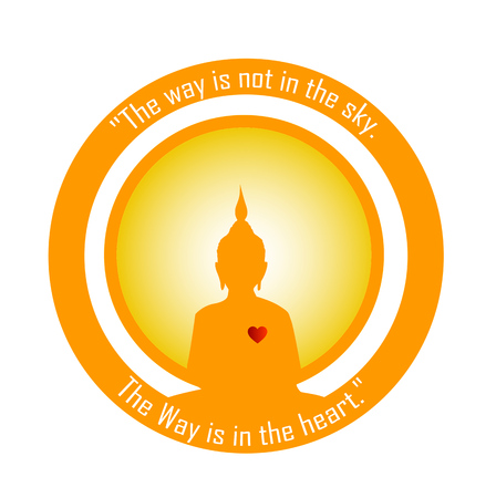 Buddha silhouette inside a bright sun. Quoted by Buddha, "The way is not in the sky. The way is in the heart."のイラスト素材