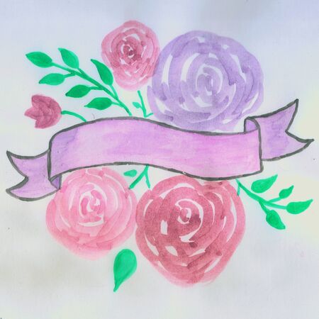 Roses and leaves with a banner watercolor paintingの写真素材