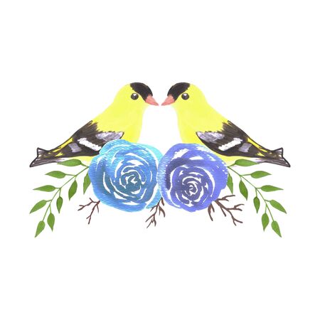 American goldfinch couples on rose twigs- seamless flowers and yellow birdsのイラスト素材