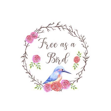 Kingfisher sitting on a rose flower wreath motivational quoteのイラスト素材