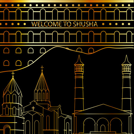 Shusha city Azerbaijan popular landmarks line art Background in gold colorsのイラスト素材