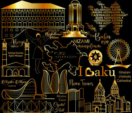 Seamless gold background of Azerbaijani cultural heritage architectural landmarks flags maps emblems and danceのイラスト素材