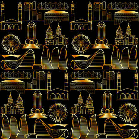 Front elevations of popular landmarks, travel destinations at Azerbaijan in goldのイラスト素材