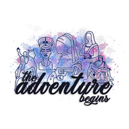 World famous fine art tour adventure watercolor doodle- popular statues sculpture paintings museum adventureのイラスト素材