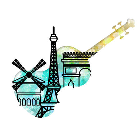 Music travel and Architecture in France watercolor doodle