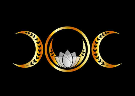Golden triple moon fertility symbol with moons lotus and vinesのイラスト素材