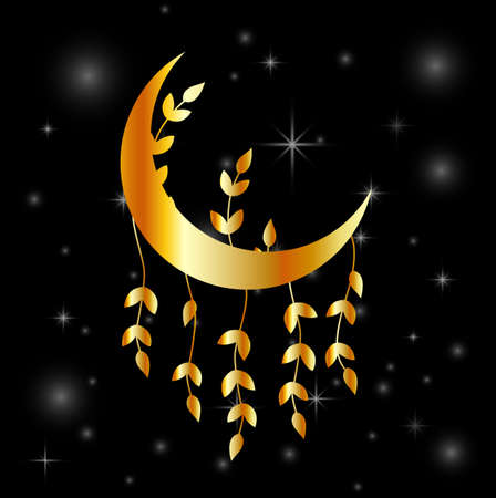 Mystic golden moon dream catcher with leavesのイラスト素材