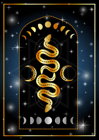 Golden occult magick snakes triple goddess fertility symbol with moon phasesのイラスト素材