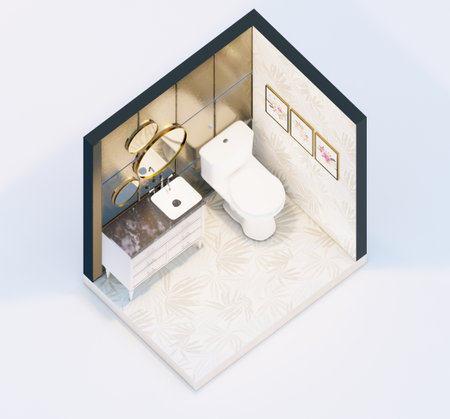 Lavish powder room orthographic interior with gold accentsの写真素材