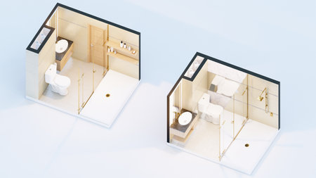 Axonometric view of toilet with wash area and bath facilityの写真素材
