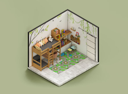 Playful axonometric interior of a kids bedroom with toys 3d renderingの写真素材