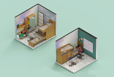 Playful Isometric interior of a childs bedroom with toys 3d renderingの写真素材