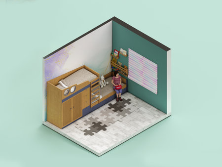 Playful Isometric interior of a kids bedroom with toys 3d renderingの写真素材